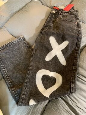 Women’s Black Acid-Wash Jeans with White Heart & X Graphics